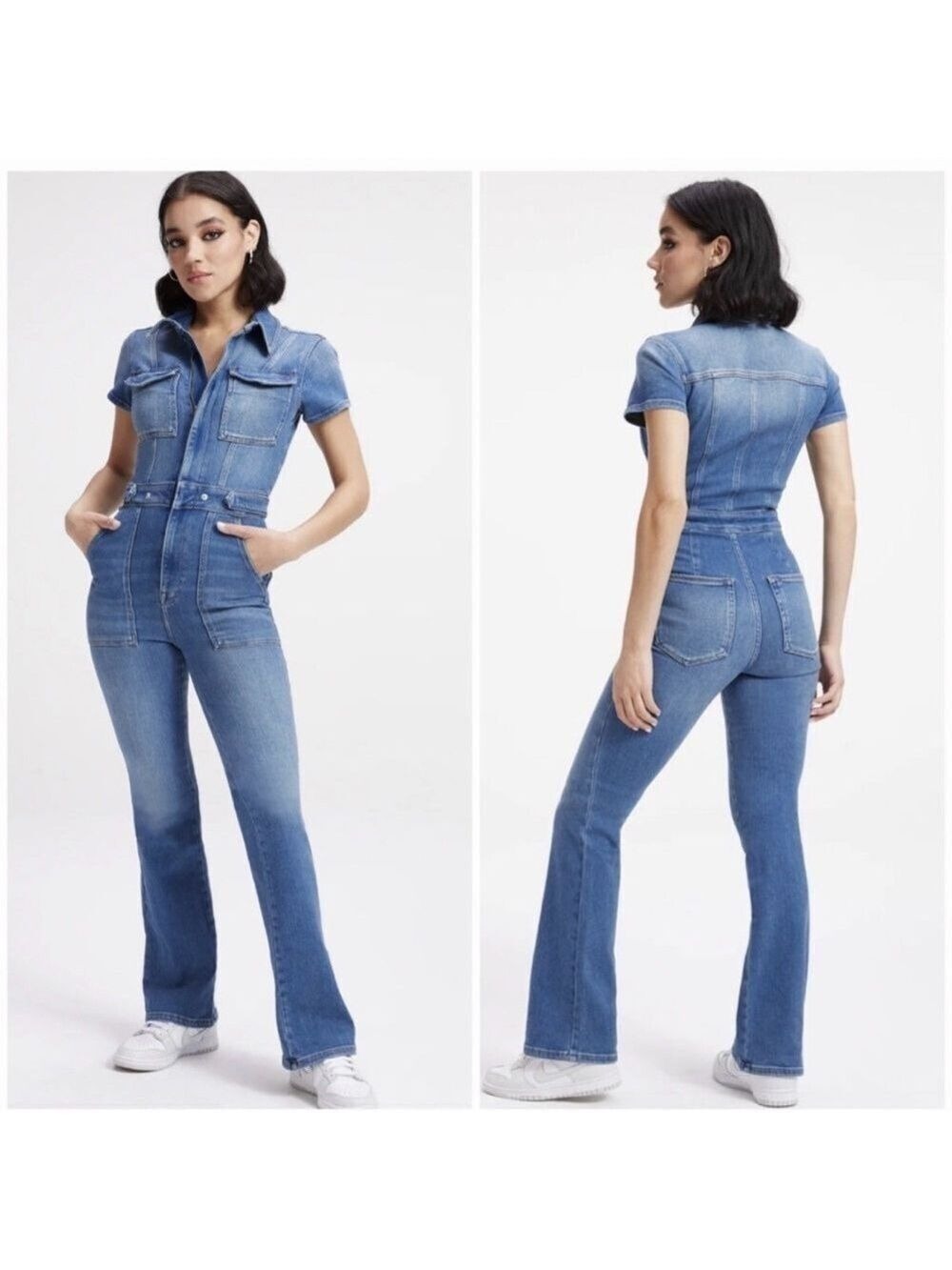 Good American Blue Denim Jumpsuit Short Sleeve